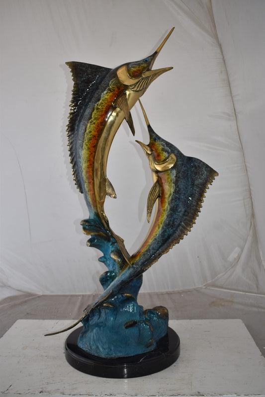 Pair of Marlin Fish At Sea Bronze Statue Size: 15" x 17" x 40"H