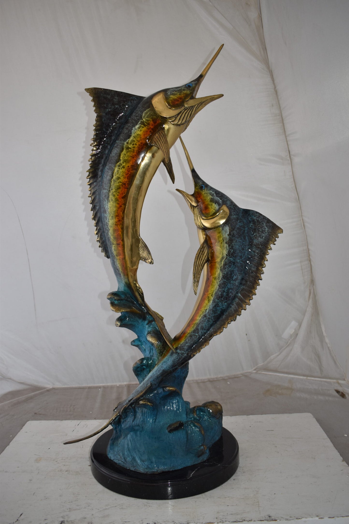 Pair of Marlin Fish At Sea Bronze Statue Size: 15" x 17" x 40"H