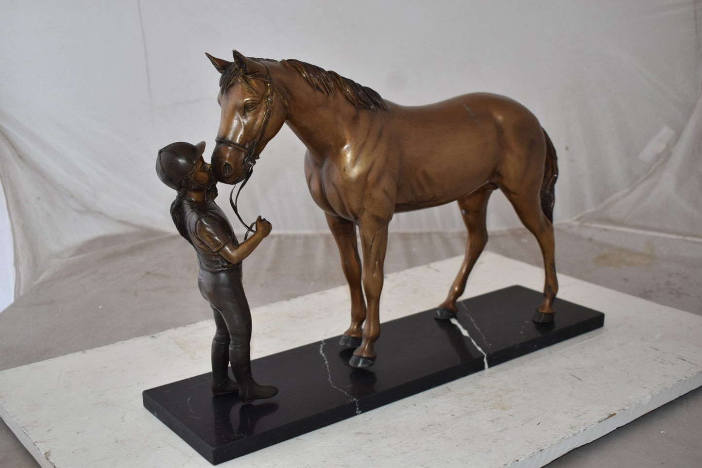 Lovable Girl and Horse Moment Bronze Statue on Marble Base Size: 23" x 6" x 15"H
