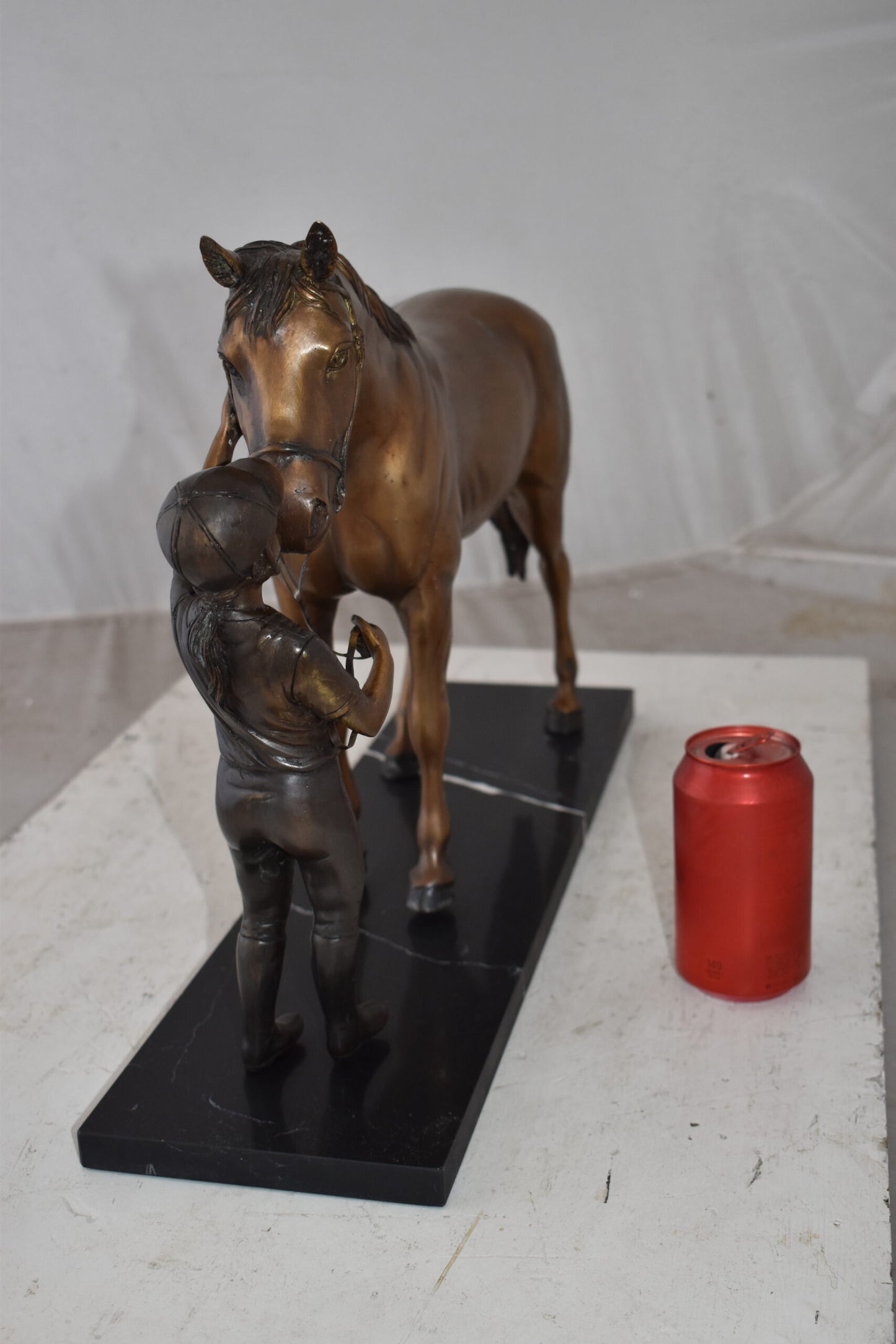 Lovable Girl and Horse Moment Bronze Statue on Marble Base Size: 23" x 6" x 15"H