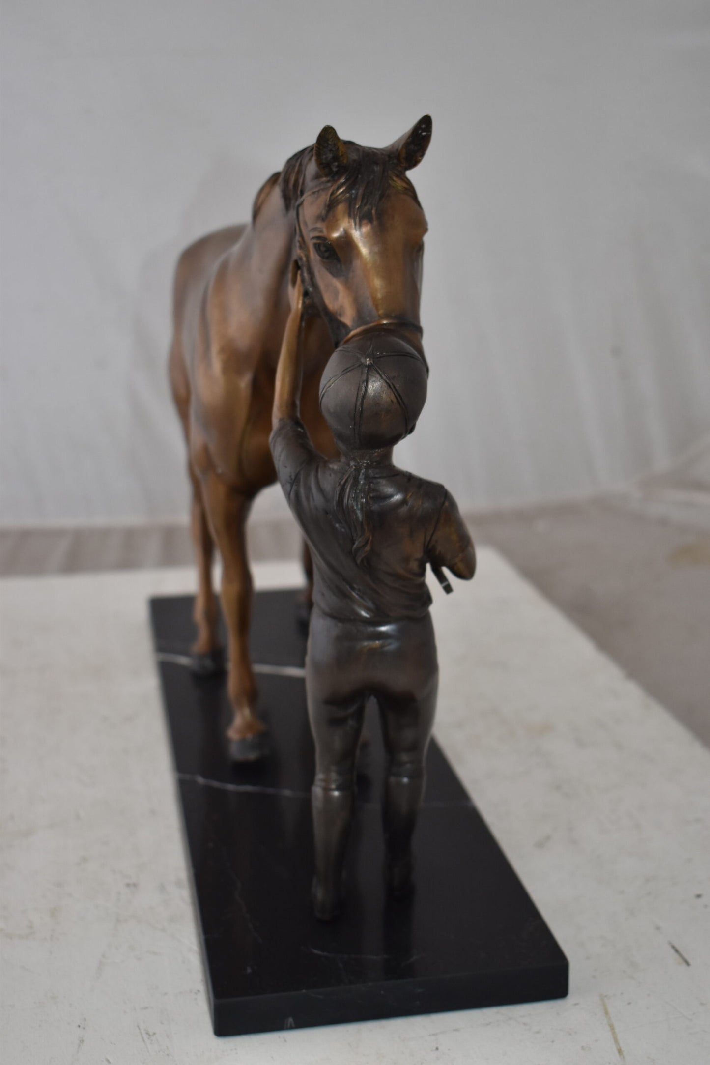 Lovable Girl and Horse Moment Bronze Statue on Marble Base Size: 23" x 6" x 15"H