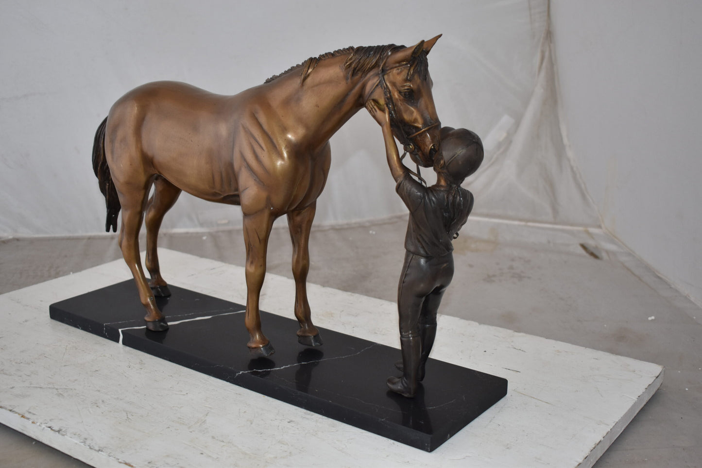 Lovable Girl and Horse Moment Bronze Statue on Marble Base Size: 23" x 6" x 15"H