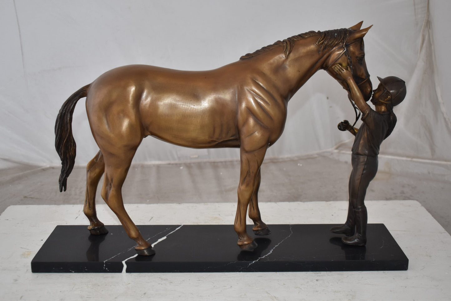 Lovable Girl and Horse Moment Bronze Statue on Marble Base Size: 23" x 6" x 15"H