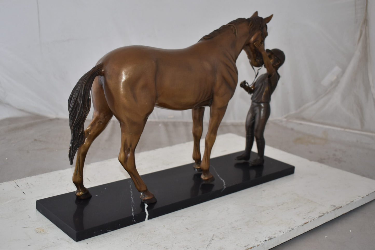 Lovable Girl and Horse Moment Bronze Statue on Marble Base Size: 23" x 6" x 15"H