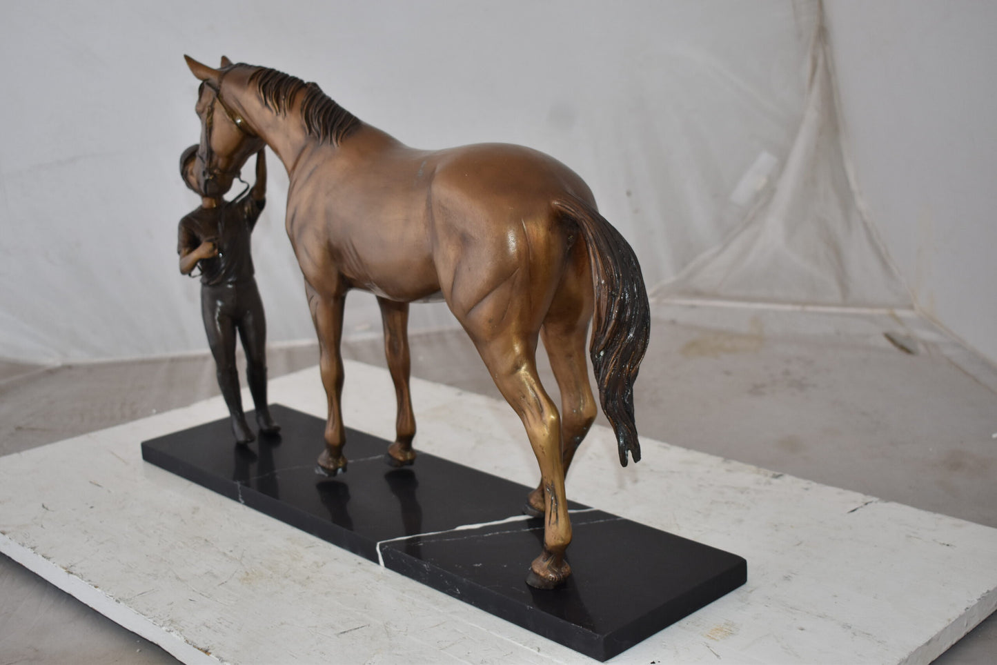 Lovable Girl and Horse Moment Bronze Statue on Marble Base Size: 23" x 6" x 15"H
