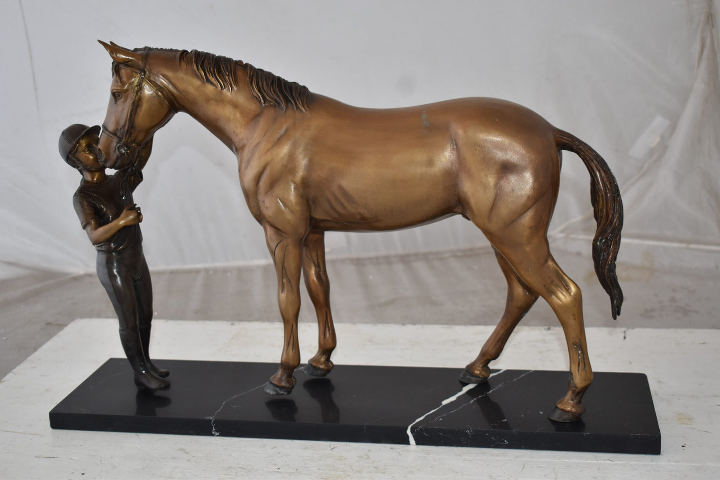 Lovable Girl and Horse Moment Bronze Statue on Marble Base Size: 23" x 6" x 15"H