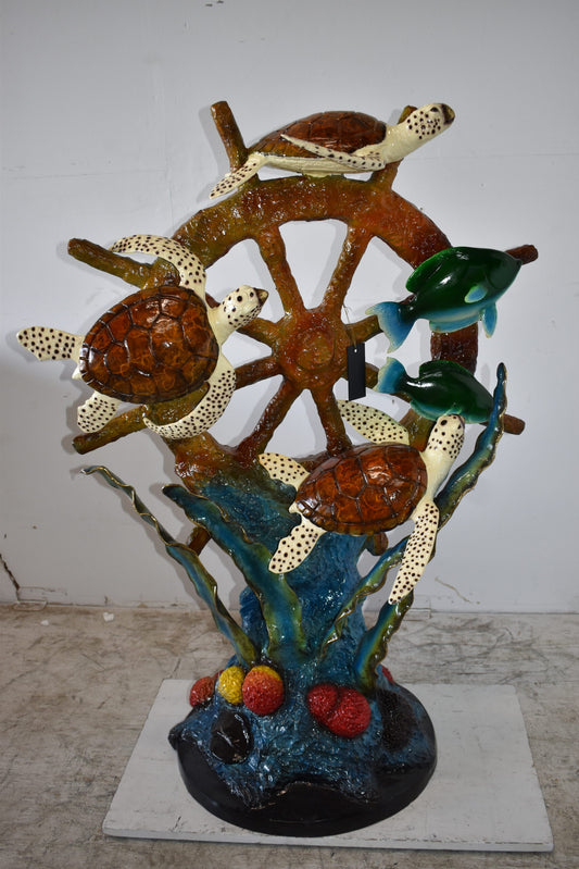 Sunken Nautical Wheel with Sea Creatures Bronze Statue Size: 39" x 23" x 51"H