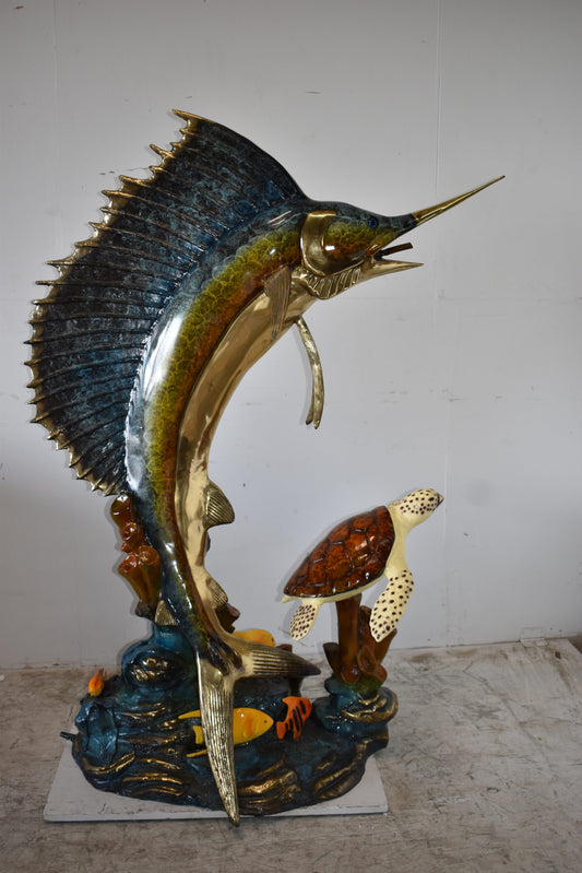Sailfish and a Large Sea Turtle Bronze Statue Size: 47" x 29" x 68"H