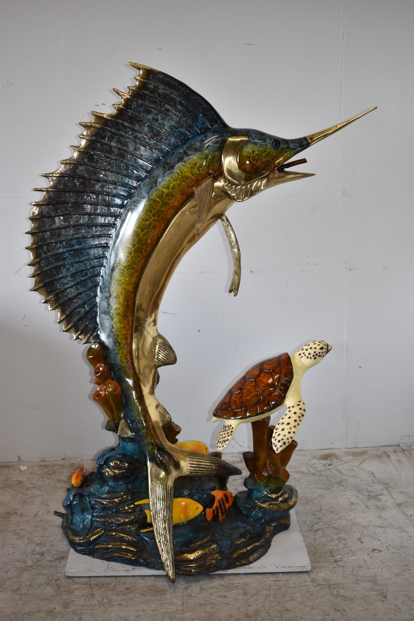 Sailfish and a Large Sea Turtle Bronze Statue Size: 47" x 29" x 68"H
