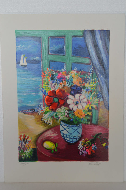 Blue Vase serigraph, By Shlomo Alter -  Size: 12"L x 8"W