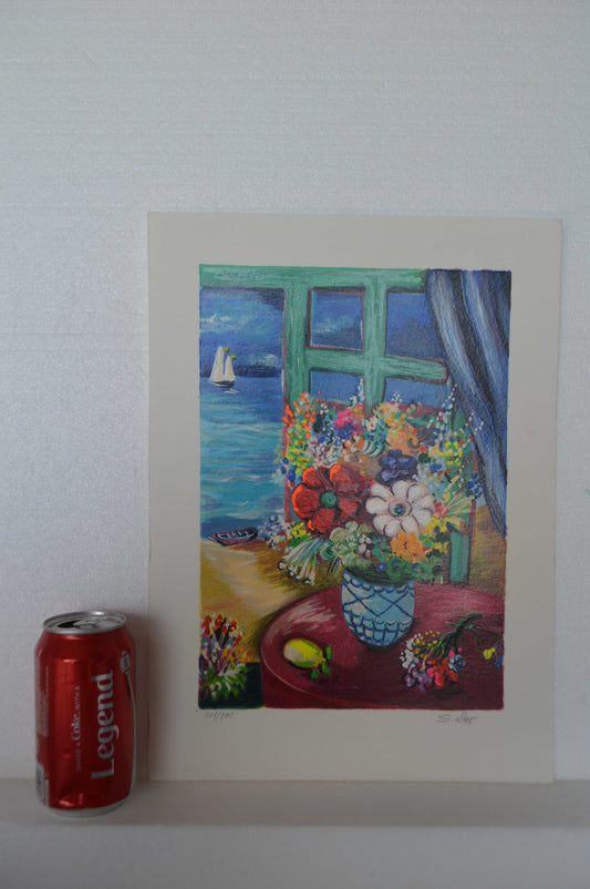 Blue Vase serigraph, By Shlomo Alter - Size: 12"L x 8"W