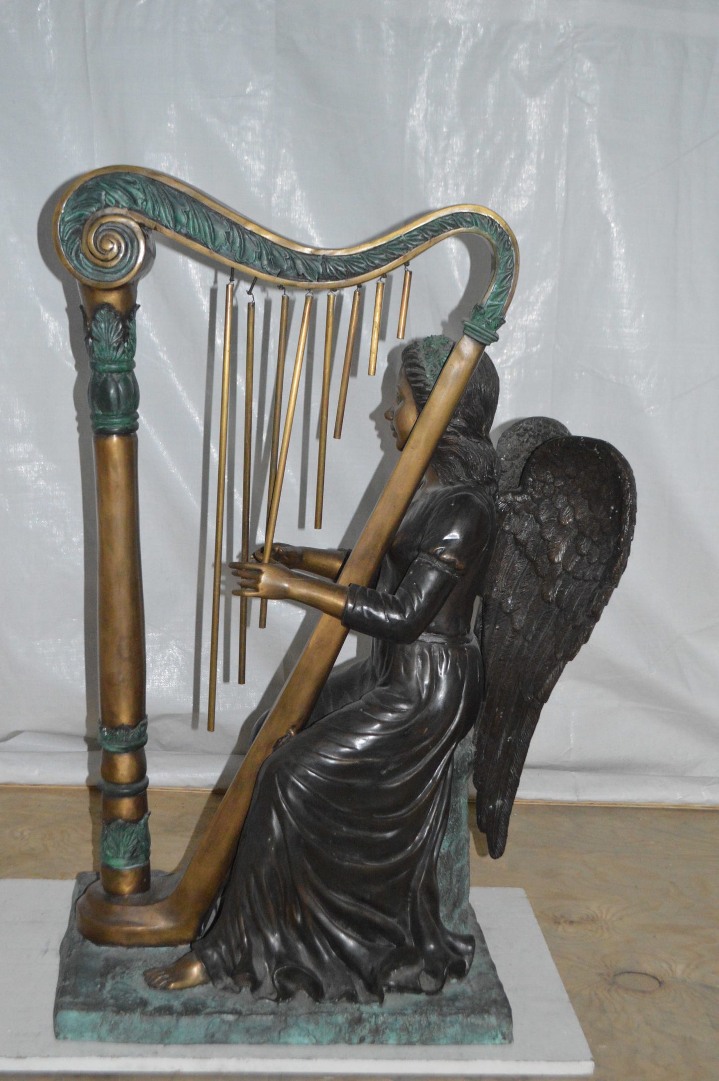 Angel playing a harp bronze statue - Size: 30"L x 15"W x 44"H.