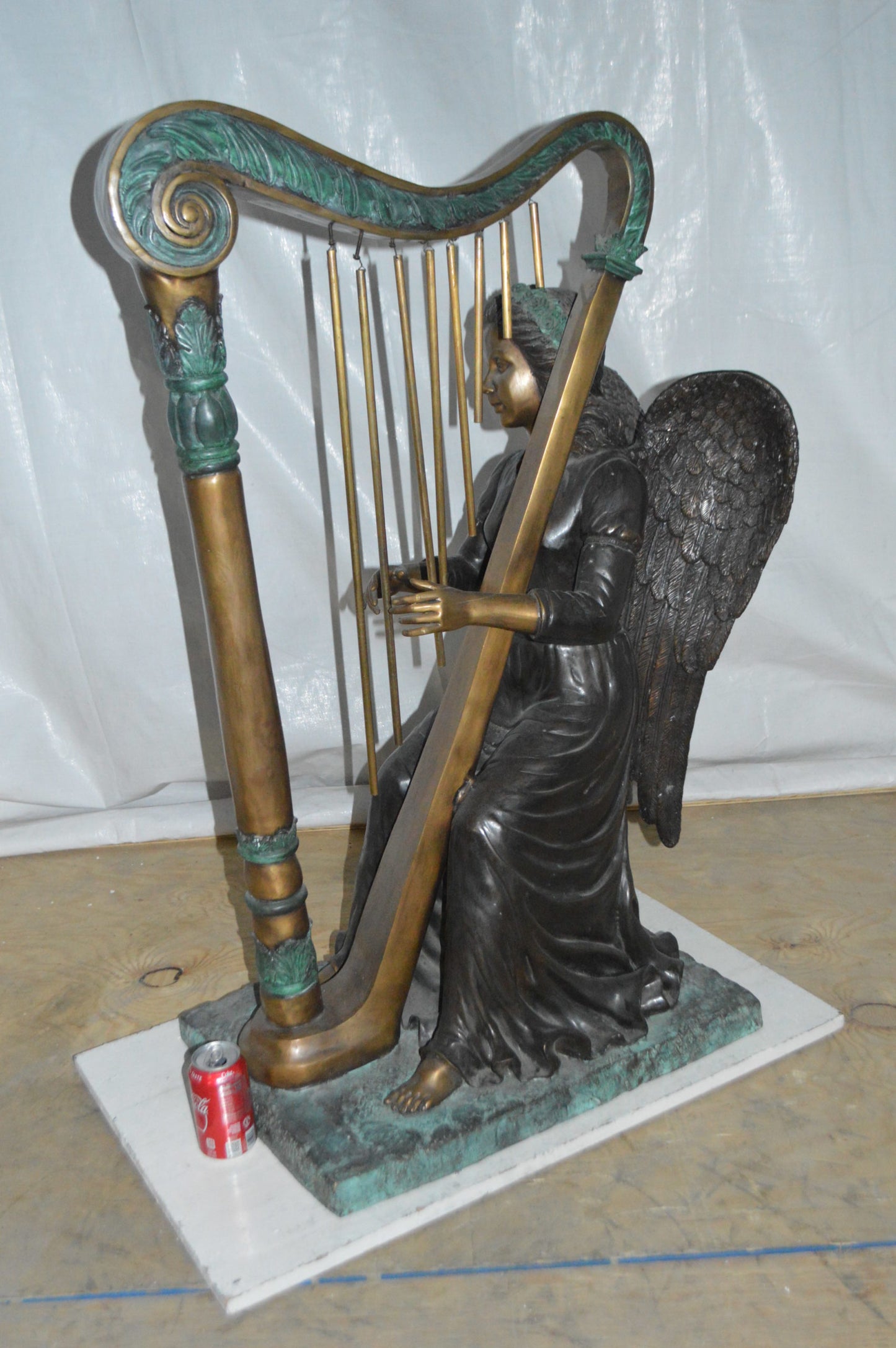 Angel playing a harp bronze statue - Size: 30"L x 15"W x 44"H.