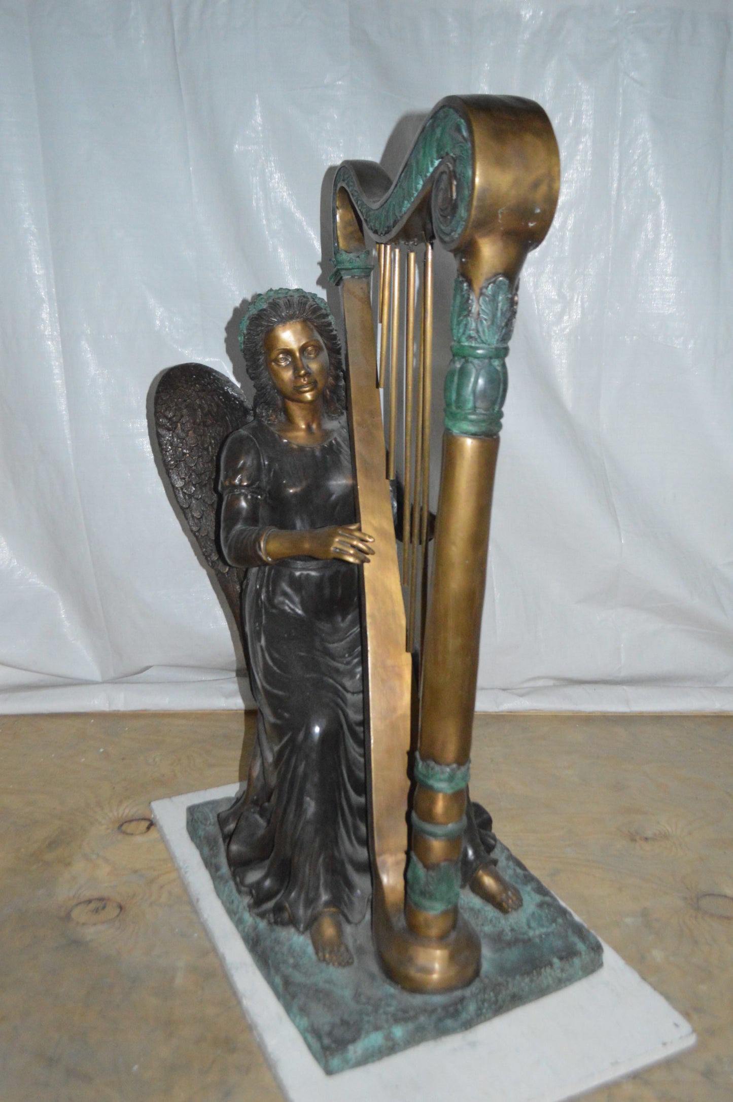 Angel playing a harp bronze statue - Size: 30"L x 15"W x 44"H.