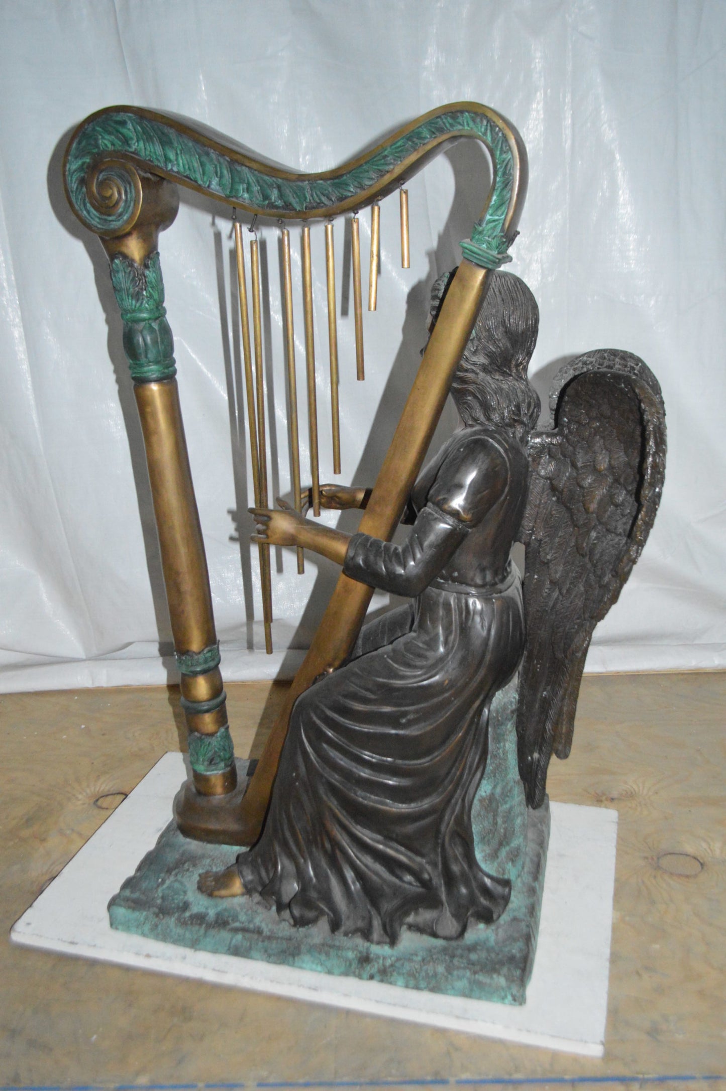 Angel playing a harp bronze statue - Size: 30"L x 15"W x 44"H.