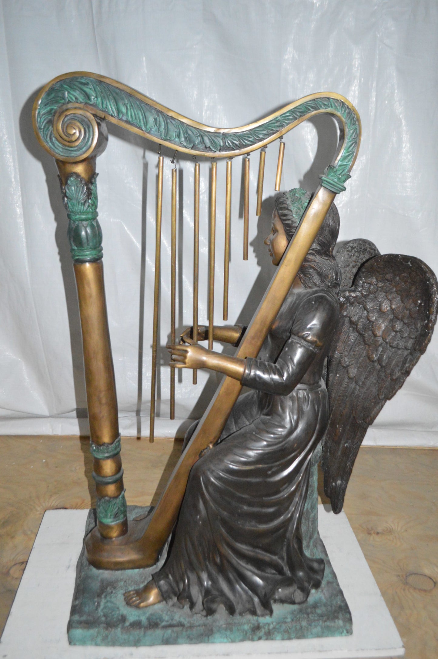 Angel playing a harp bronze statue - Size: 30"L x 15"W x 44"H.