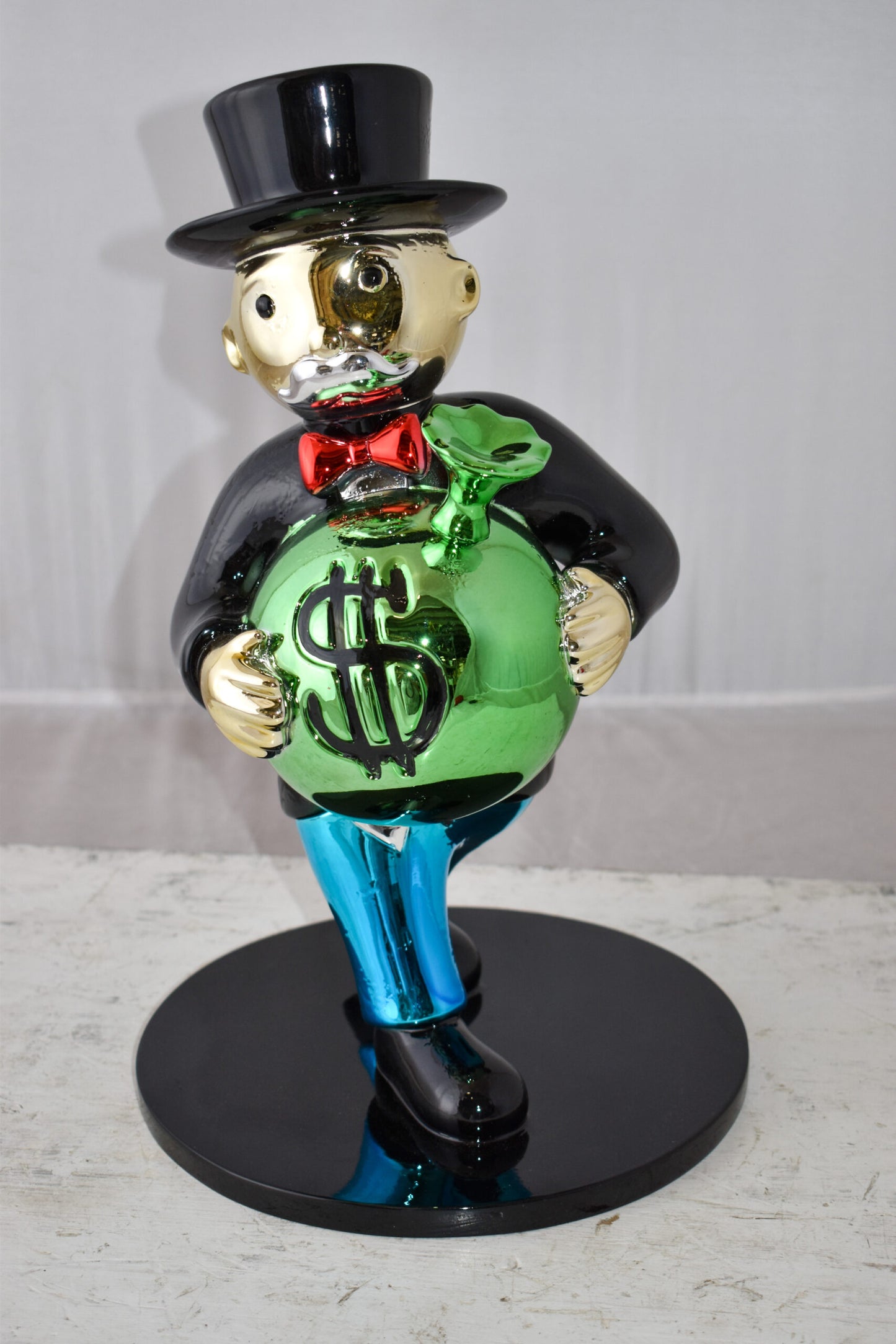 Vibrant Monopoly Man Holding Money Bag Resin Statue Small Size: 10" x 10" x 16"H