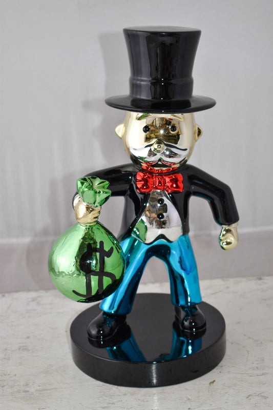 Frowning Monopoly Man Holding Money Bag Resin Statue Small Size: 7" x 8" x 15"H
