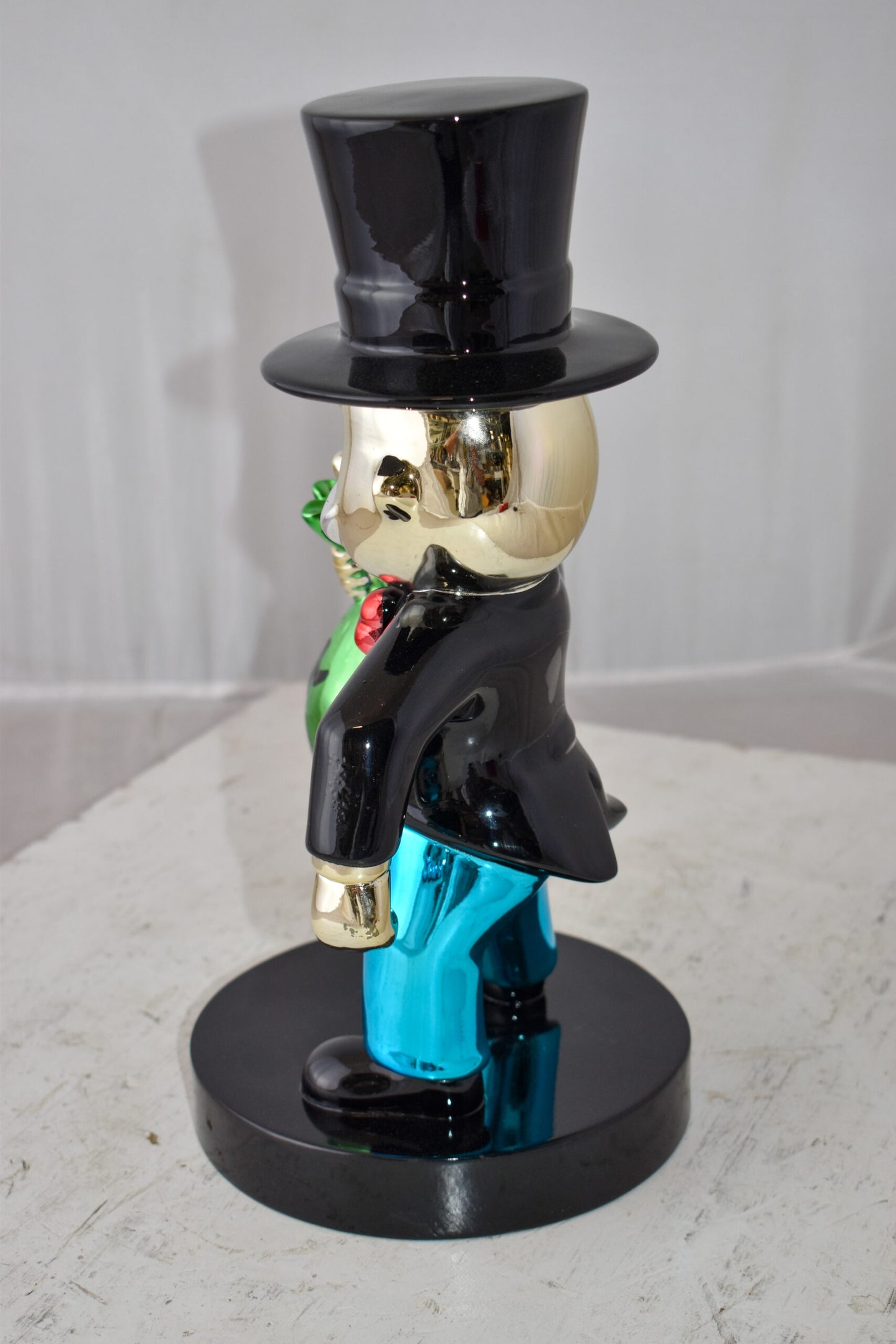 Frowning Monopoly Man Holding Money Bag Resin Statue Small Size: 7" x 8" x 15"H