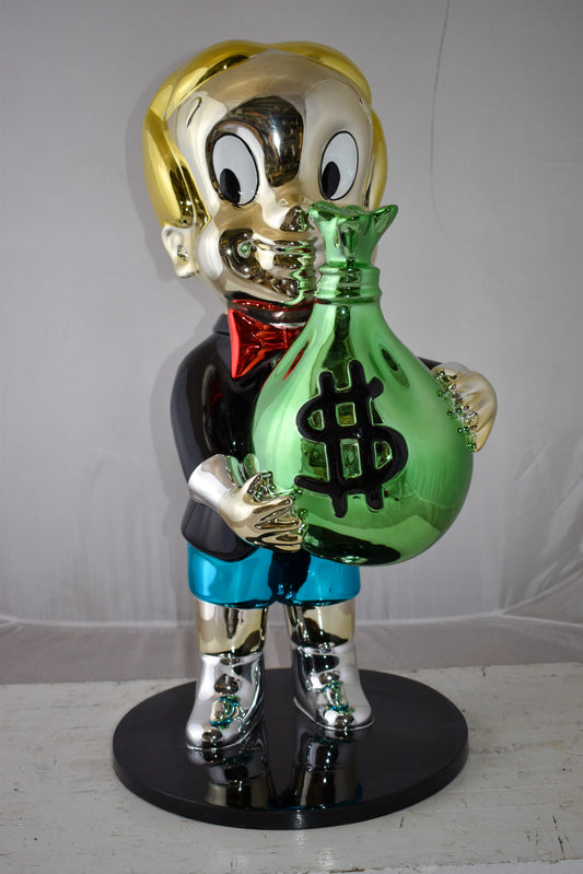 Excited Cartoon Boy Holding Money Bag Resin Statue Large Size: 16" x 16" x 32"H