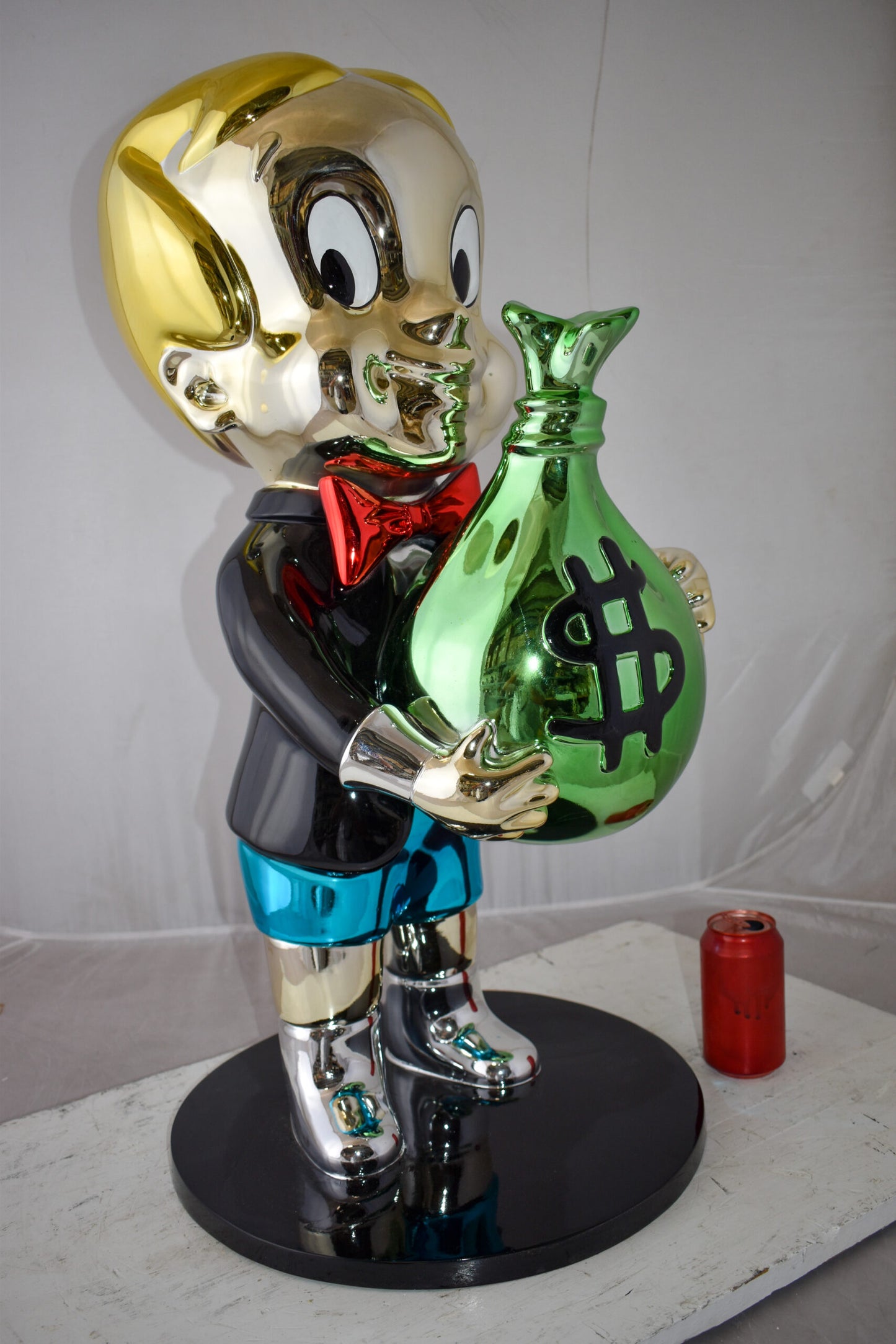 Excited Cartoon Boy Holding Money Bag Resin Statue Large Size: 16" x 16" x 32"H