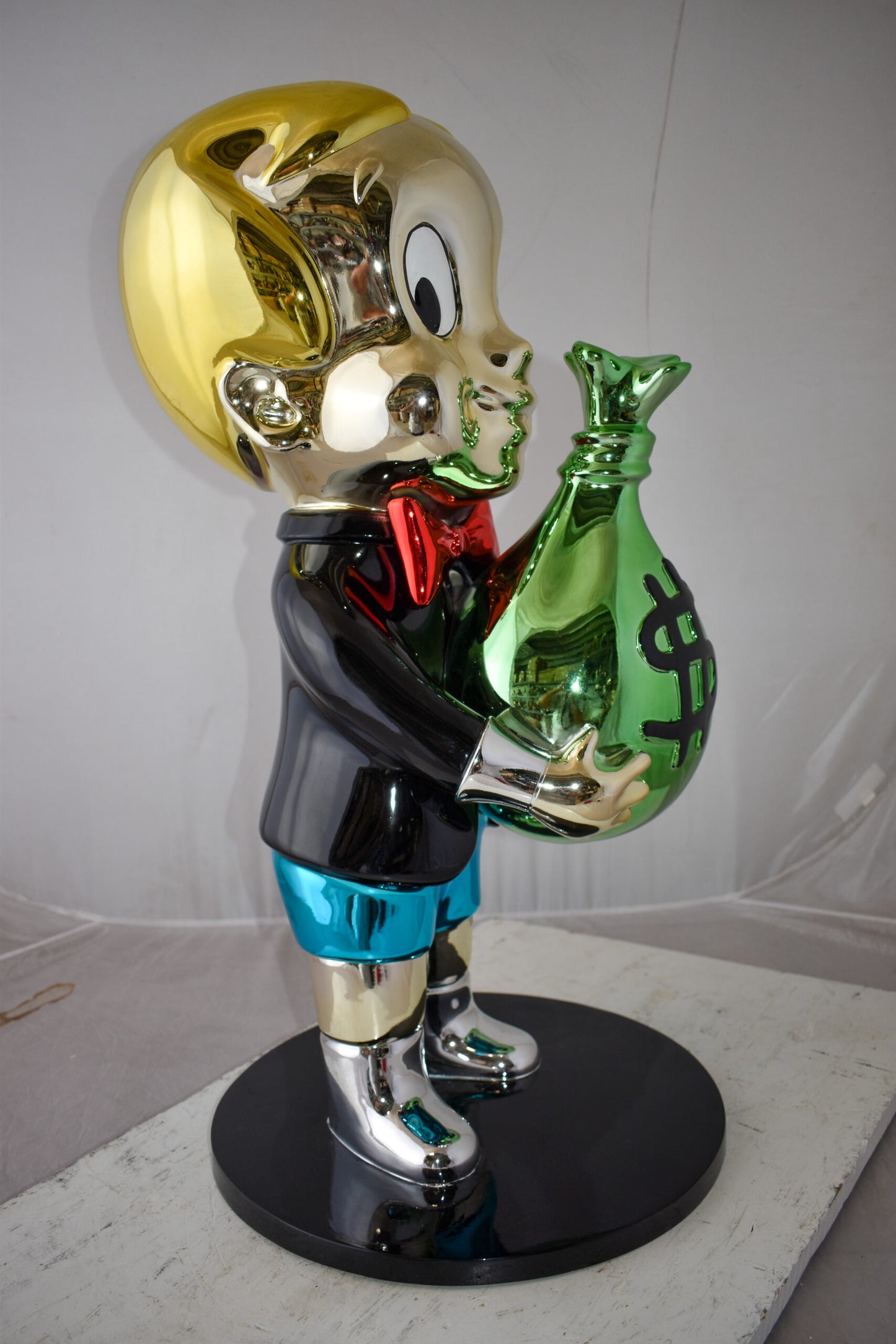 Excited Cartoon Boy Holding Money Bag Resin Statue Large Size: 16" x 16" x 32"H