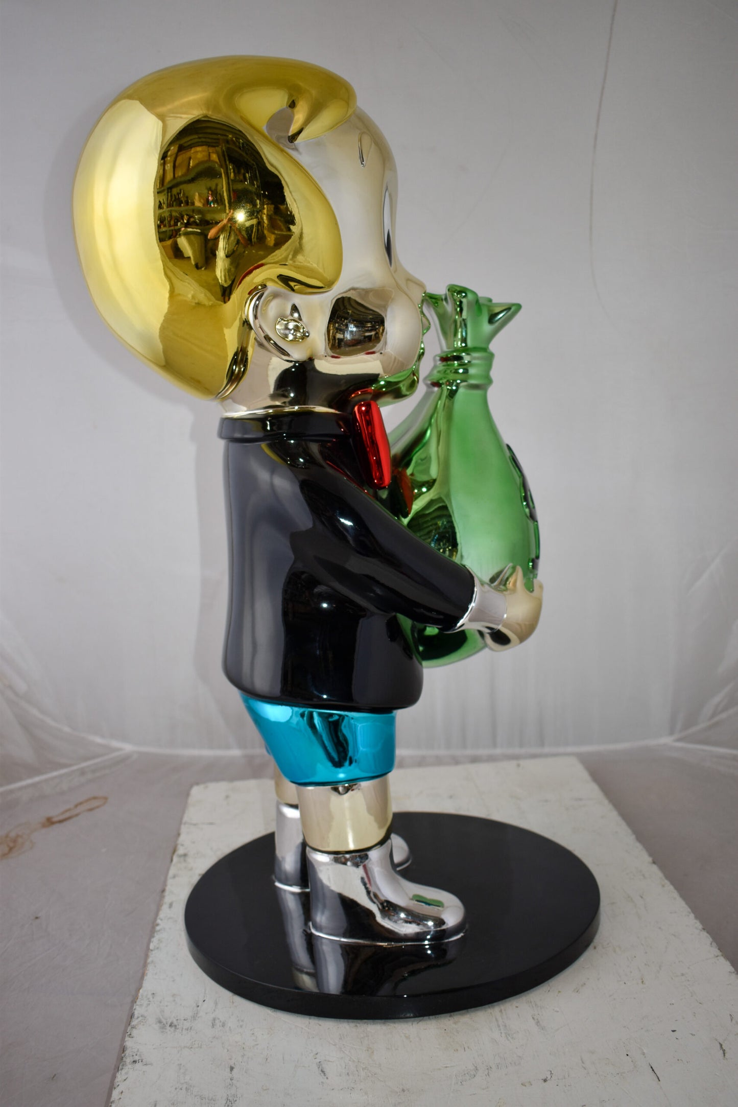 Excited Cartoon Boy Holding Money Bag Resin Statue Large Size: 16" x 16" x 32"H