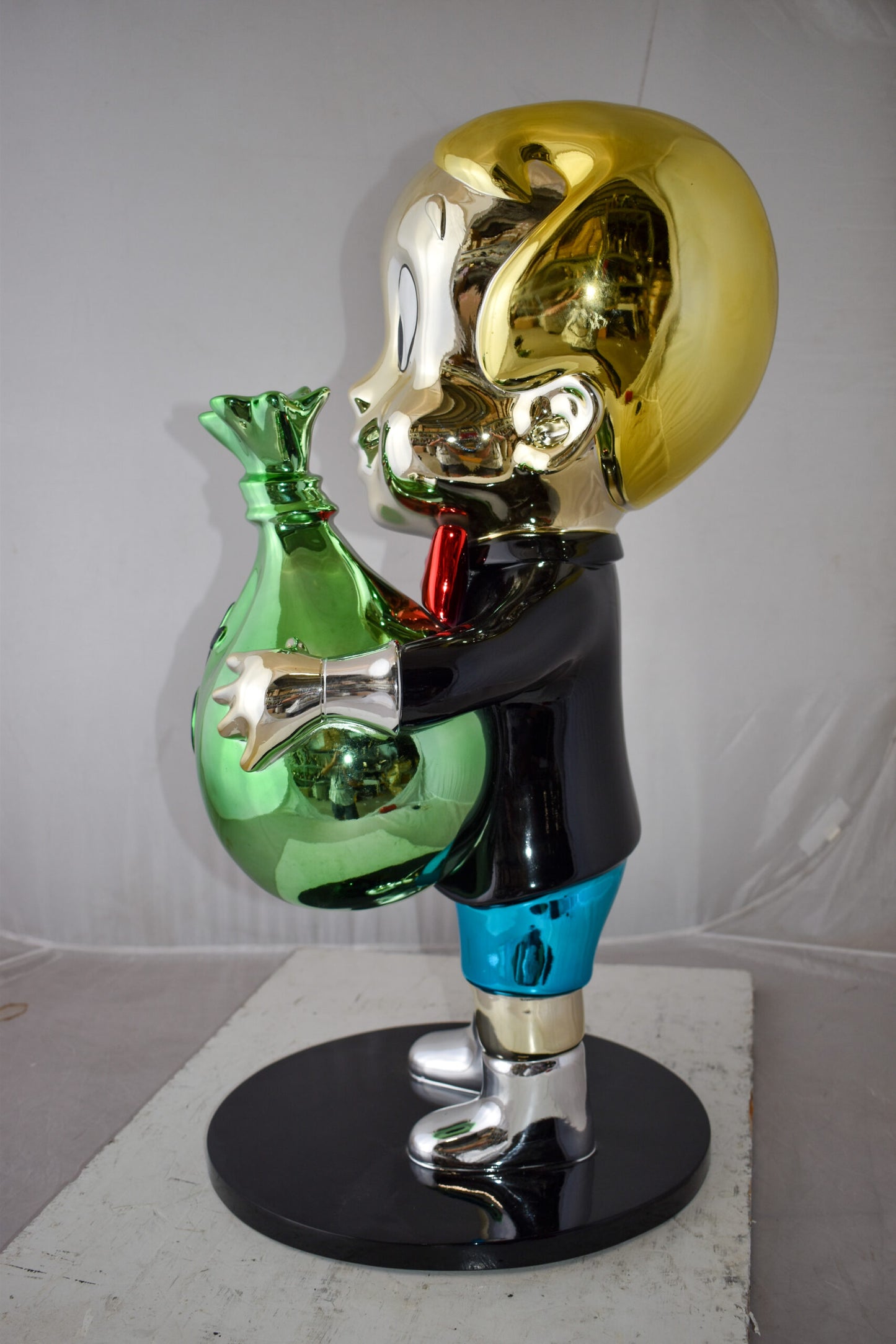 Excited Cartoon Boy Holding Money Bag Resin Statue Large Size: 16" x 16" x 32"H