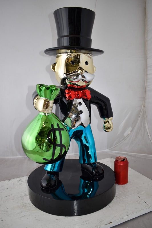 Frowning Monopoly Man Holding Money Bag Resin Statue Large 17" x 15" x 31"H