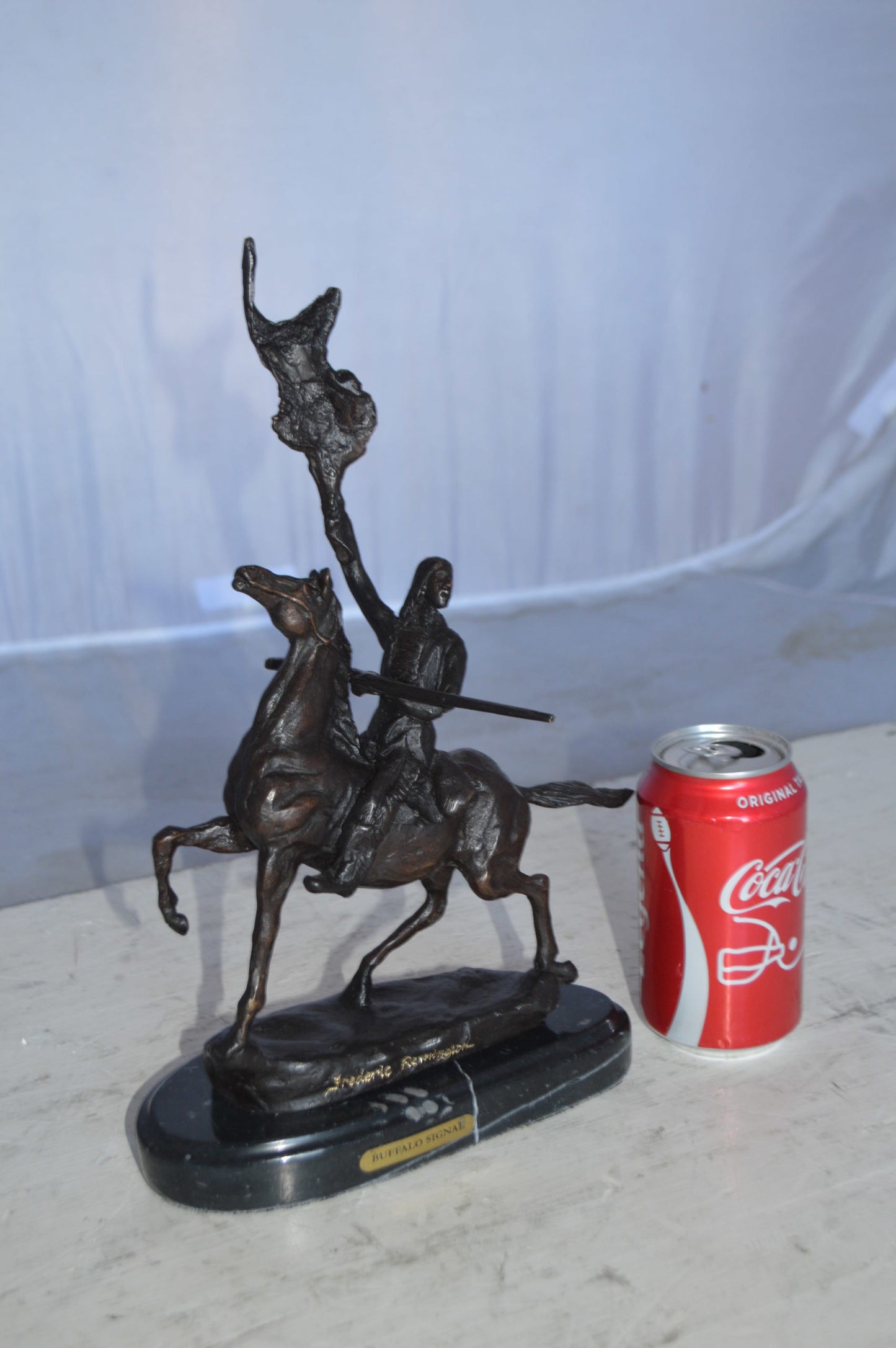 Buffalo Signal Bronze Statue by Remington 13H - Size: 8"L x 3"W x 13"H.