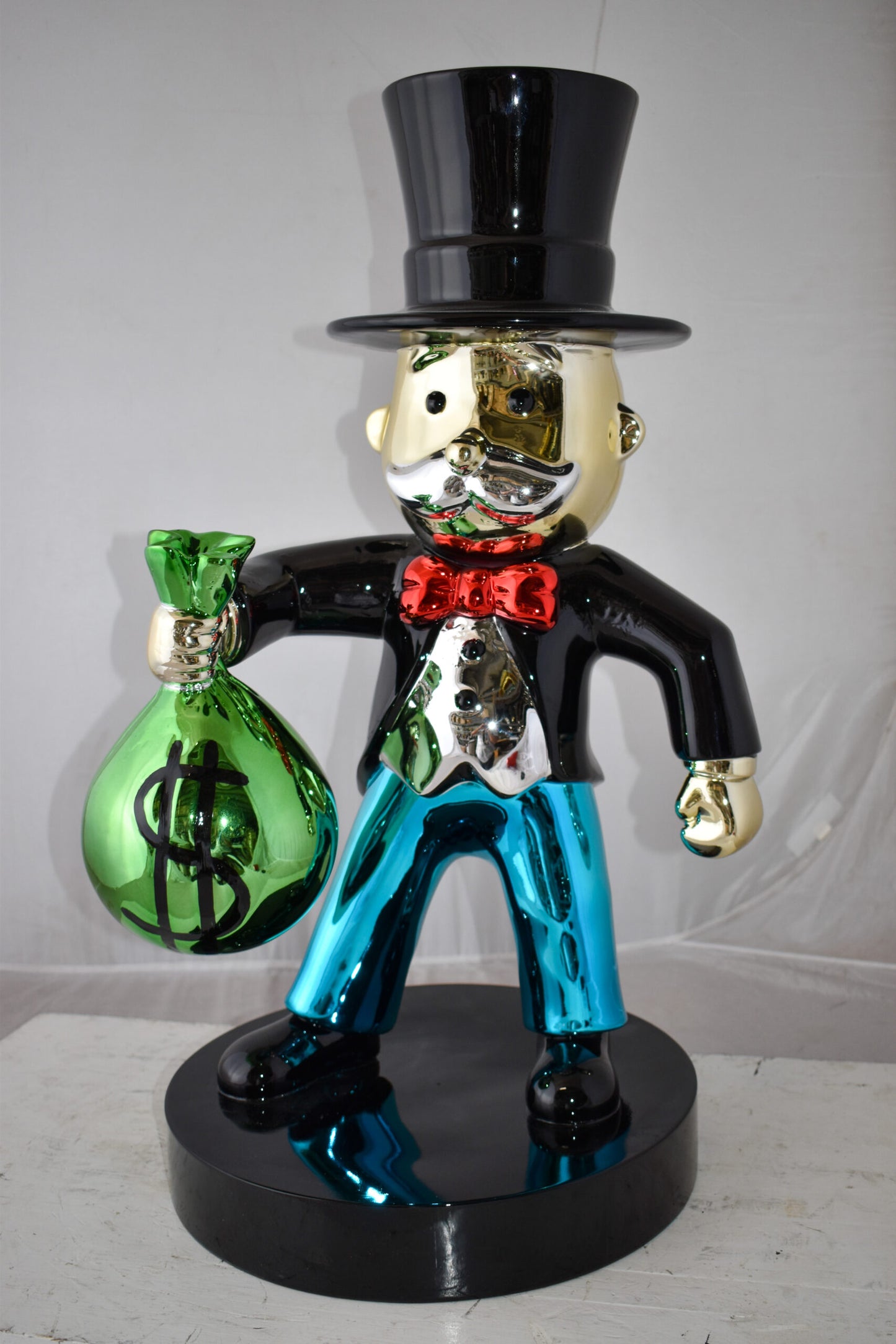 Frowning Monopoly Man Holding Money Bag Resin Statue Large 17" x 15" x 31"H