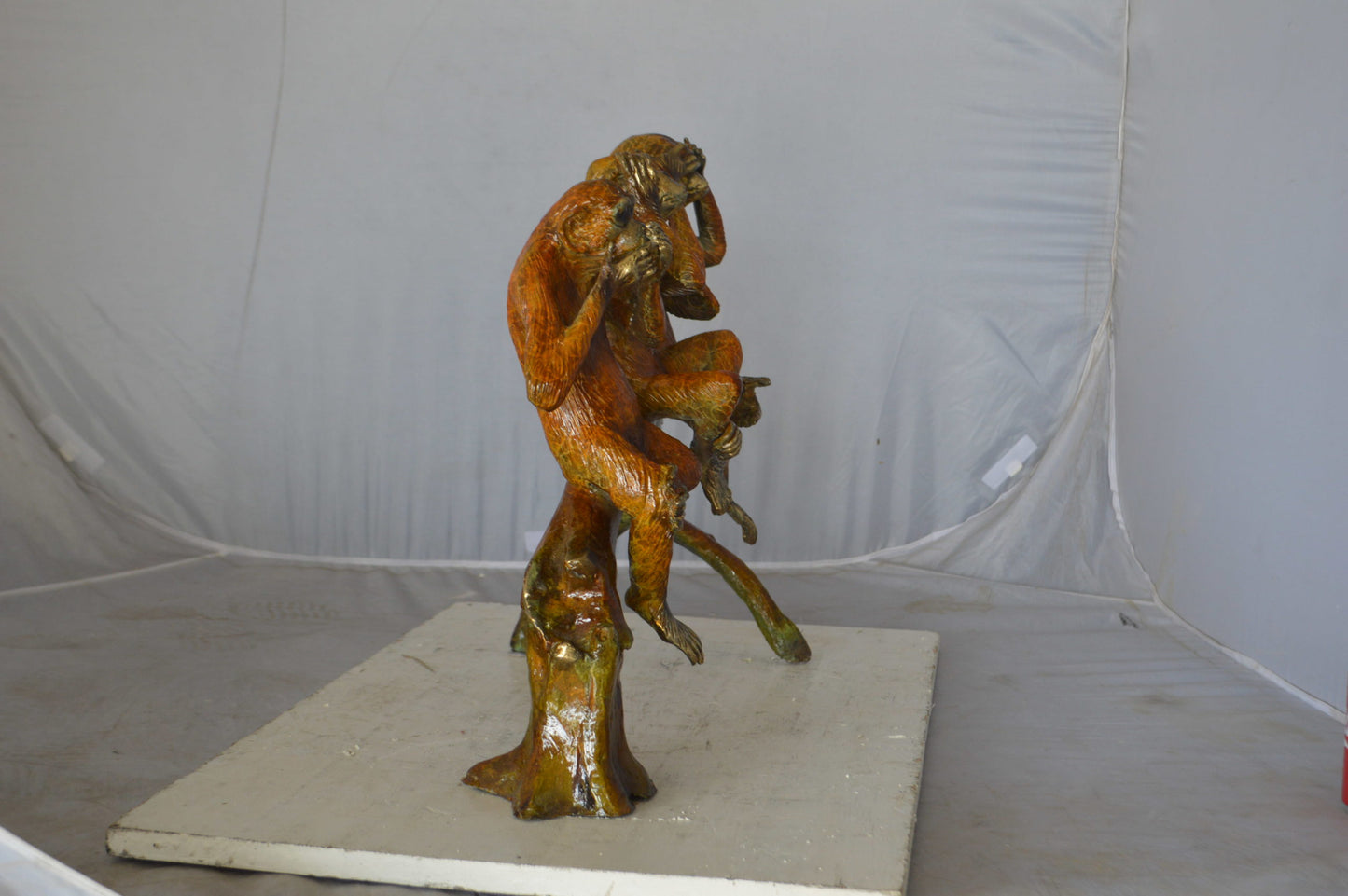Three wise monkeys on a tree branch bronze statue - Size: 27"L x 11"W x 18"H.