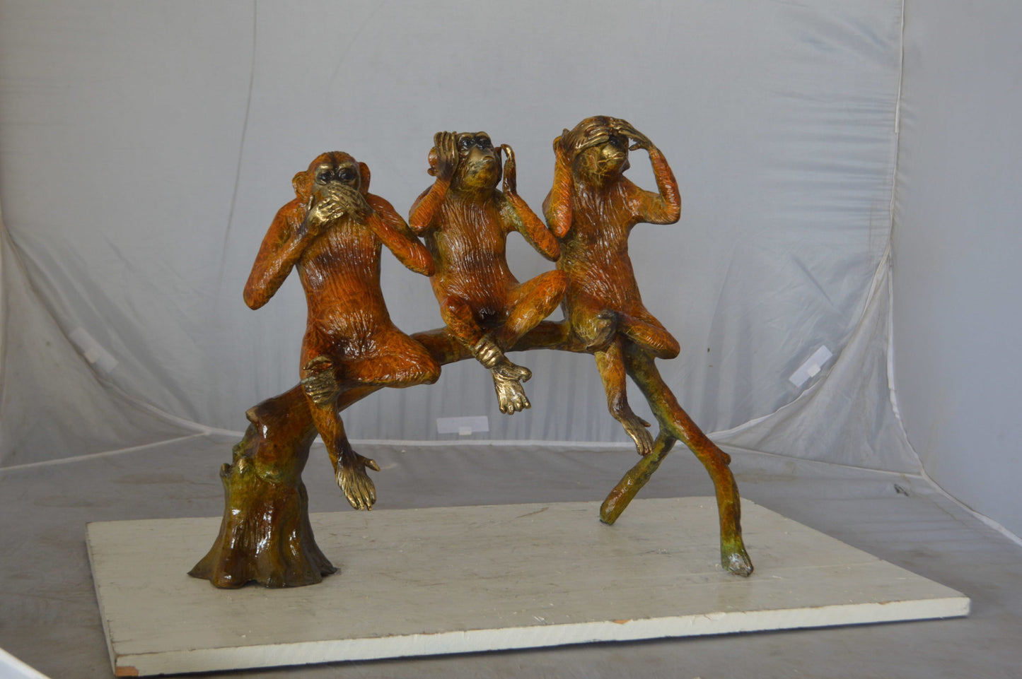 Three wise monkeys on a tree branch bronze statue - Size: 27"L x 11"W x 18"H.