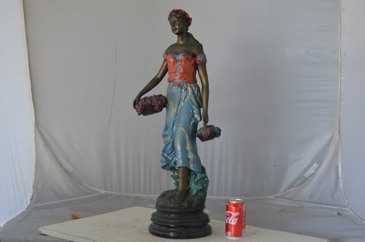 Beautiful lady with grapes bronze statue - Size: 14"L x 6"W x 20"H.