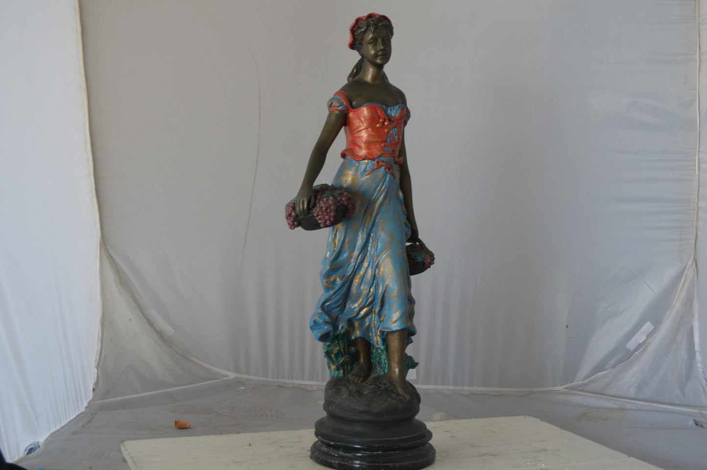Beautiful lady with grapes bronze statue - Size: 14"L x 6"W x 20"H.