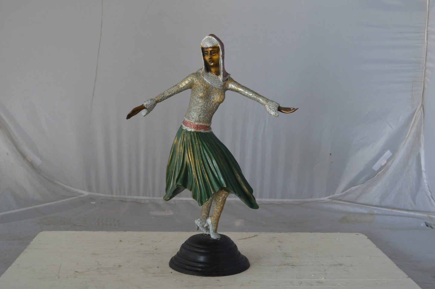 Gypsy dancer with green dress bronze statue - Size: 12"L x 9"W x 30"H.
