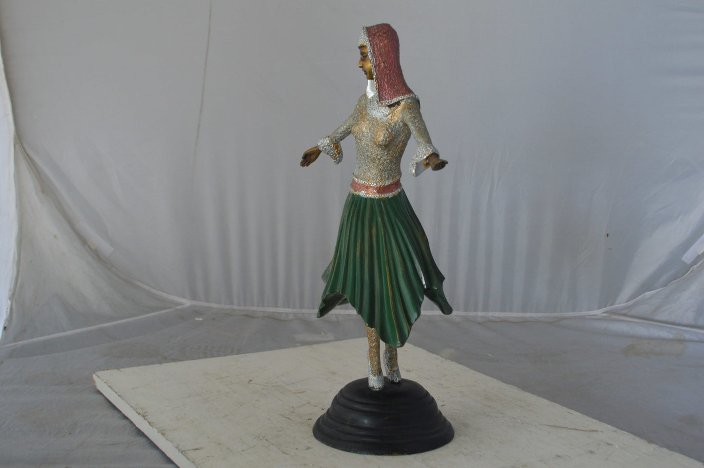 Gypsy dancer with green dress bronze statue - Size: 12"L x 9"W x 30"H.
