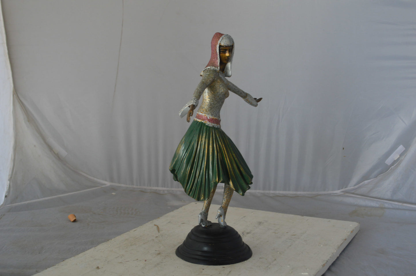 Gypsy dancer with green dress bronze statue - Size: 12"L x 9"W x 30"H.