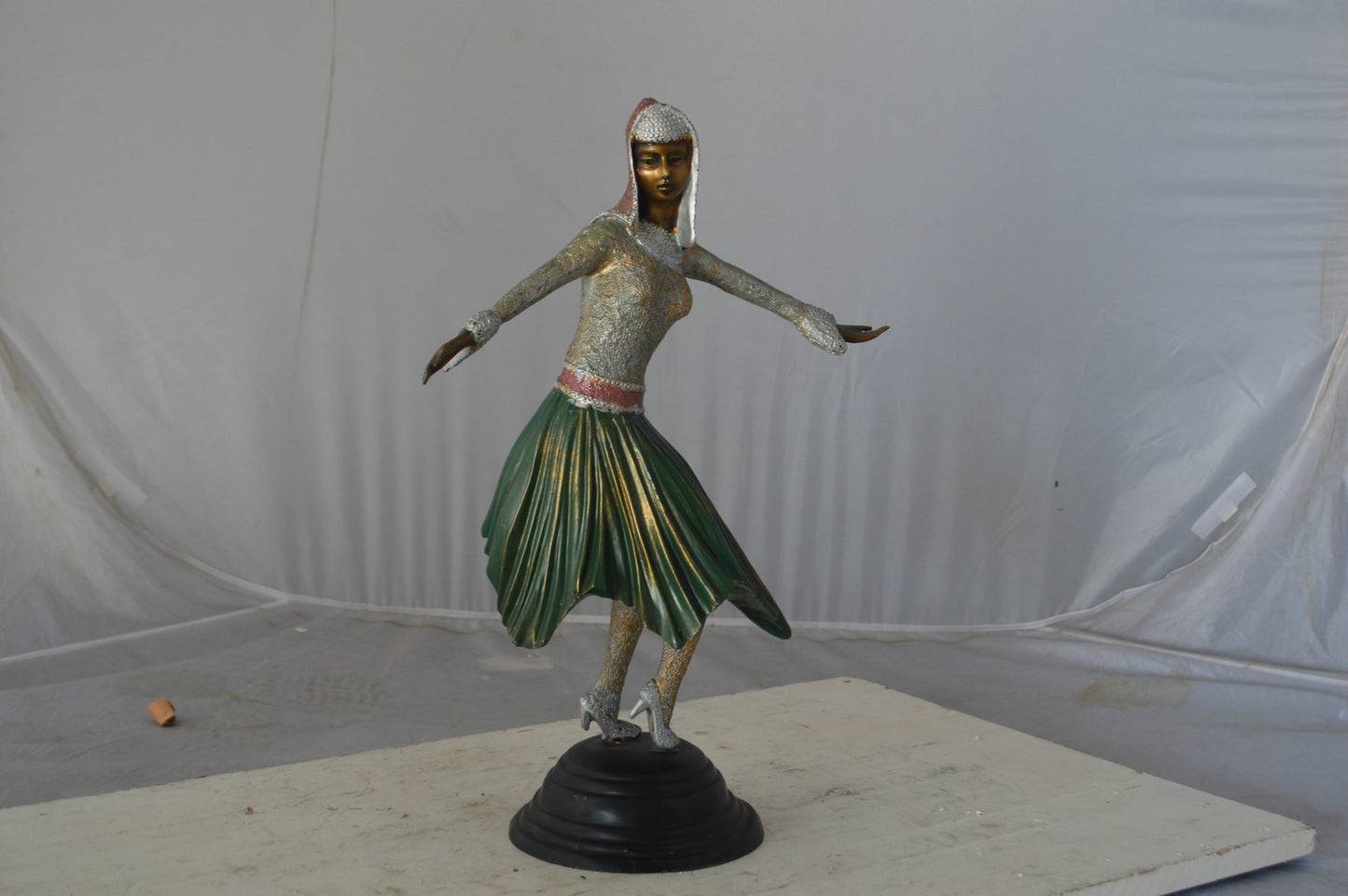 Gypsy dancer with green dress bronze statue - Size: 12"L x 9"W x 30"H.