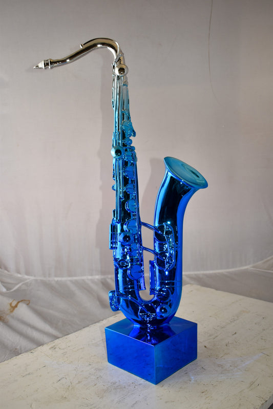 Modern Art Blue and Silver Saxophone Statue Made of Resin Size: 10" x 8" x 28"H