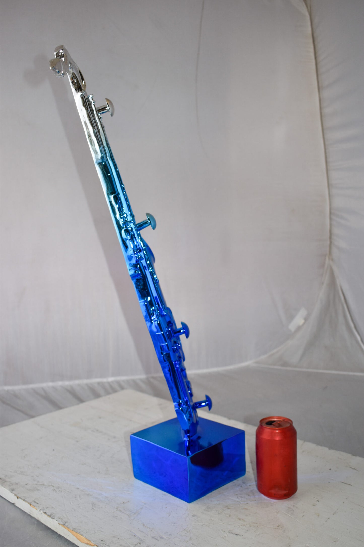 Modern Art Blue and Silver Saxophone Statue Made of Resin Size: 10" x 8" x 28"H