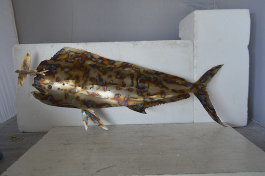 Mahi Mahi catching flying fish made of cut steel - Size: 39"L x 2"W x 12"H.