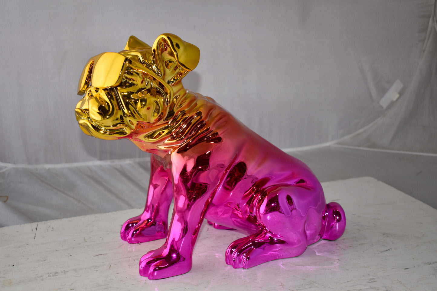 Bulldog With Sunglasses Colored Pink and Gold Resin Statue Size: 17" x 9" x 13"H