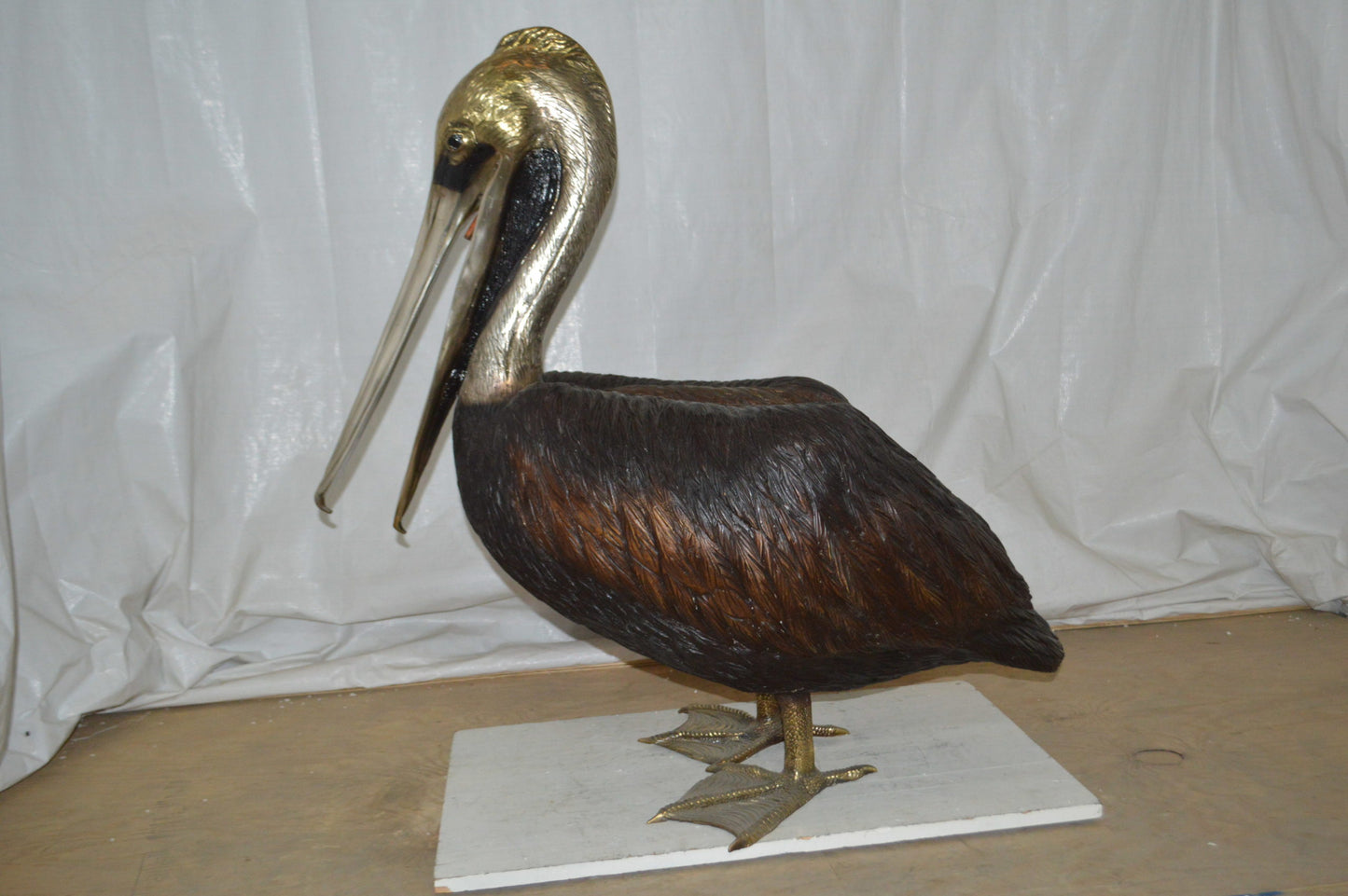 Upright Pelican Bronze Statue Fountain - Size: 46"L x 20"W x 44"H.