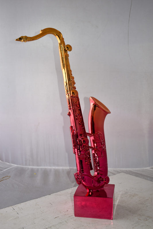 Modern Art Pink and Gold Saxophone Statue Made of Resin Size: 10" x 8" x 28"H