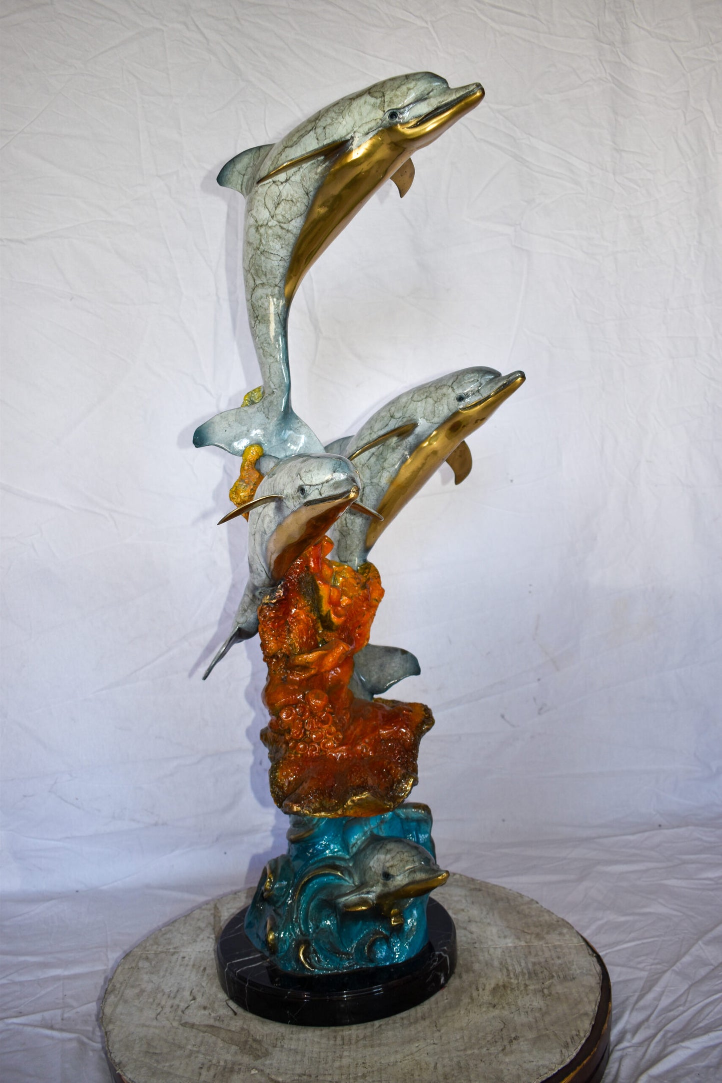 Four Dolphins Swimming in Ocean Colored Bronze Statue Size: 18" x 14" x 41"H