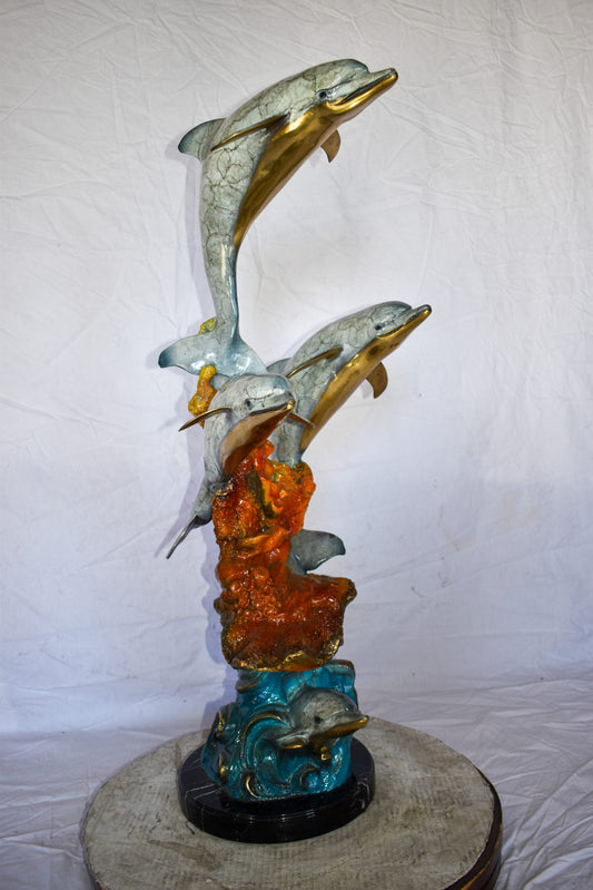 Four Dolphins Swimming in Ocean Colored Bronze Statue Size: 18" x 14" x 41"H