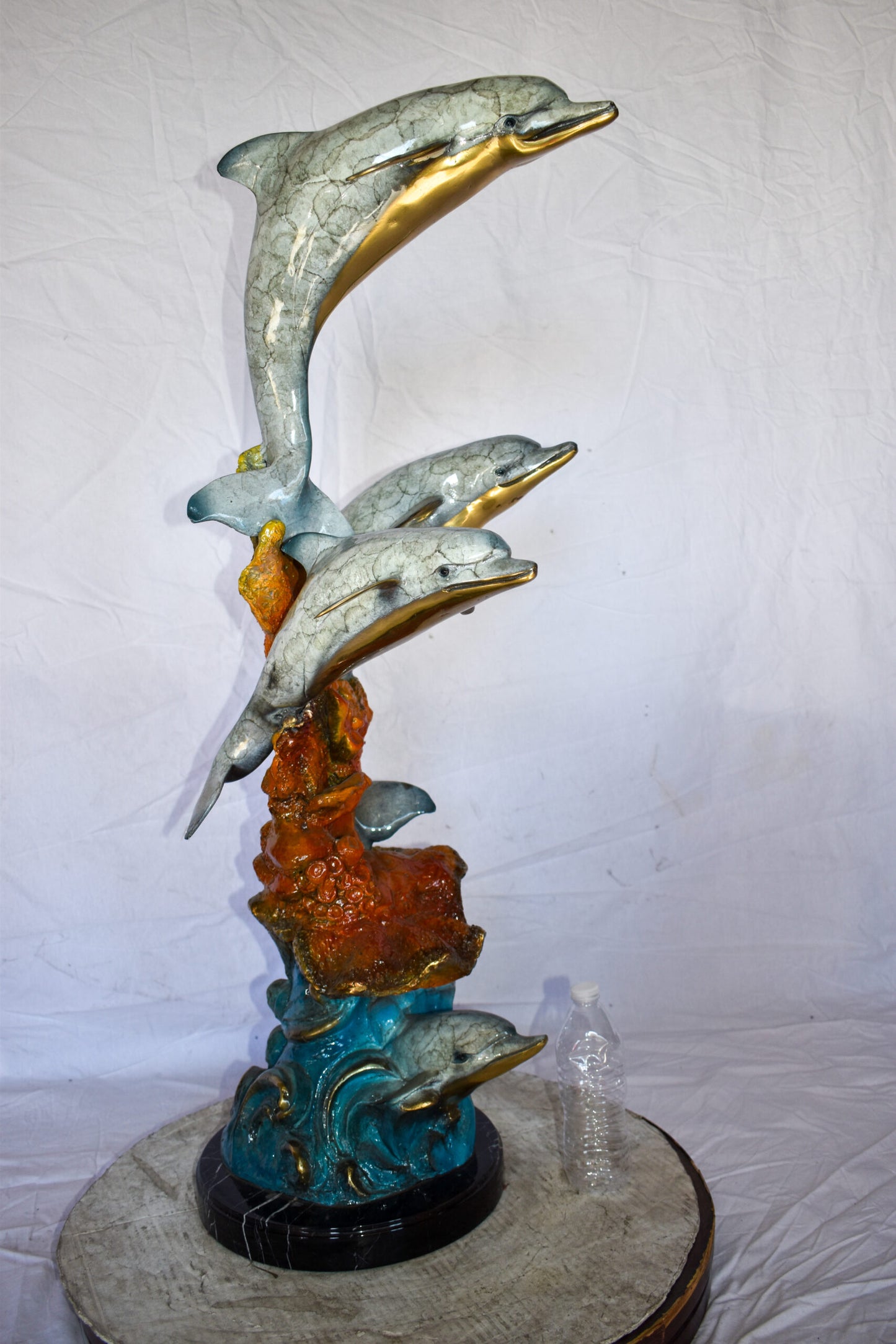 Four Dolphins Swimming in Ocean Colored Bronze Statue Size: 18" x 14" x 41"H