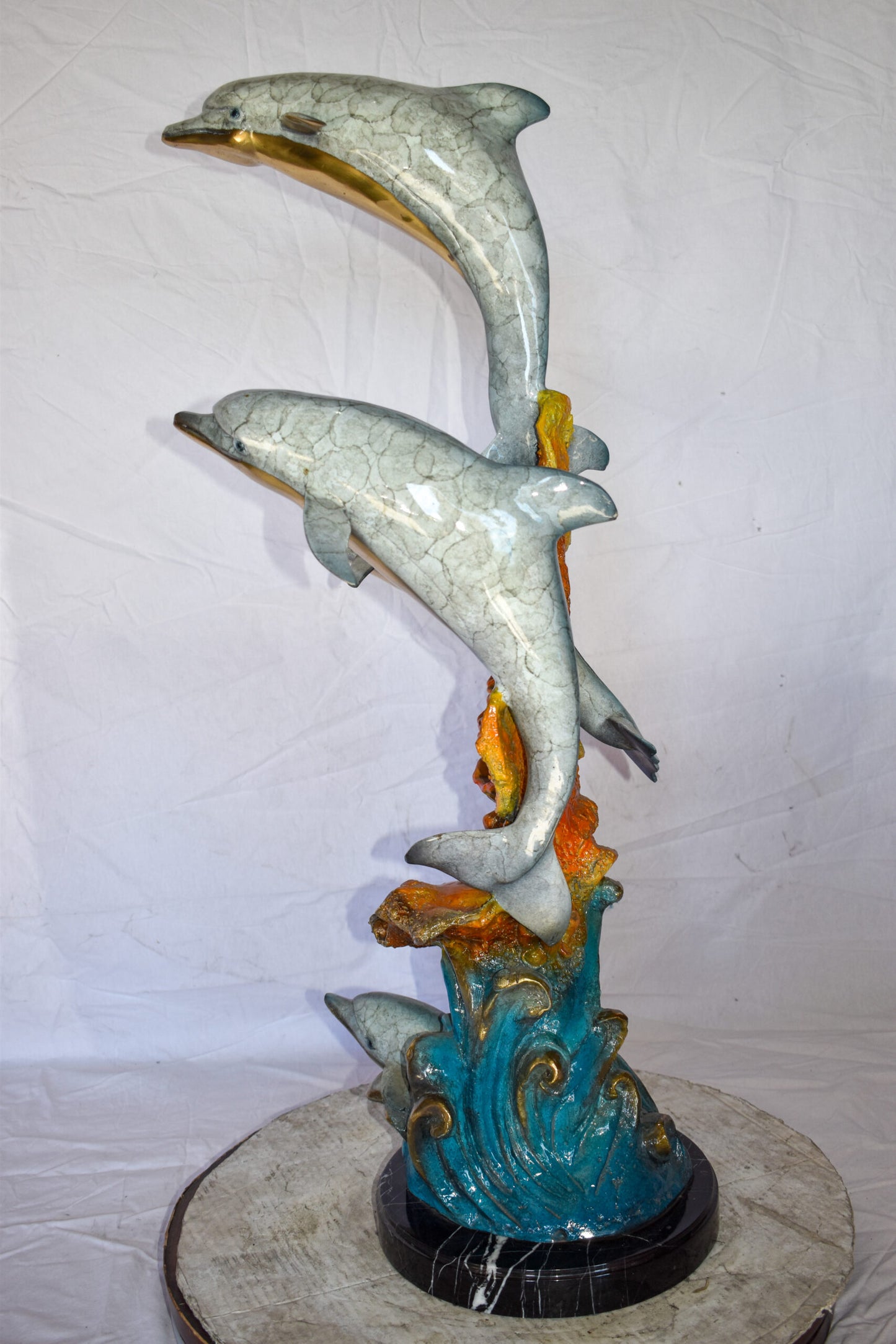 Four Dolphins Swimming in Ocean Colored Bronze Statue Size: 18" x 14" x 41"H