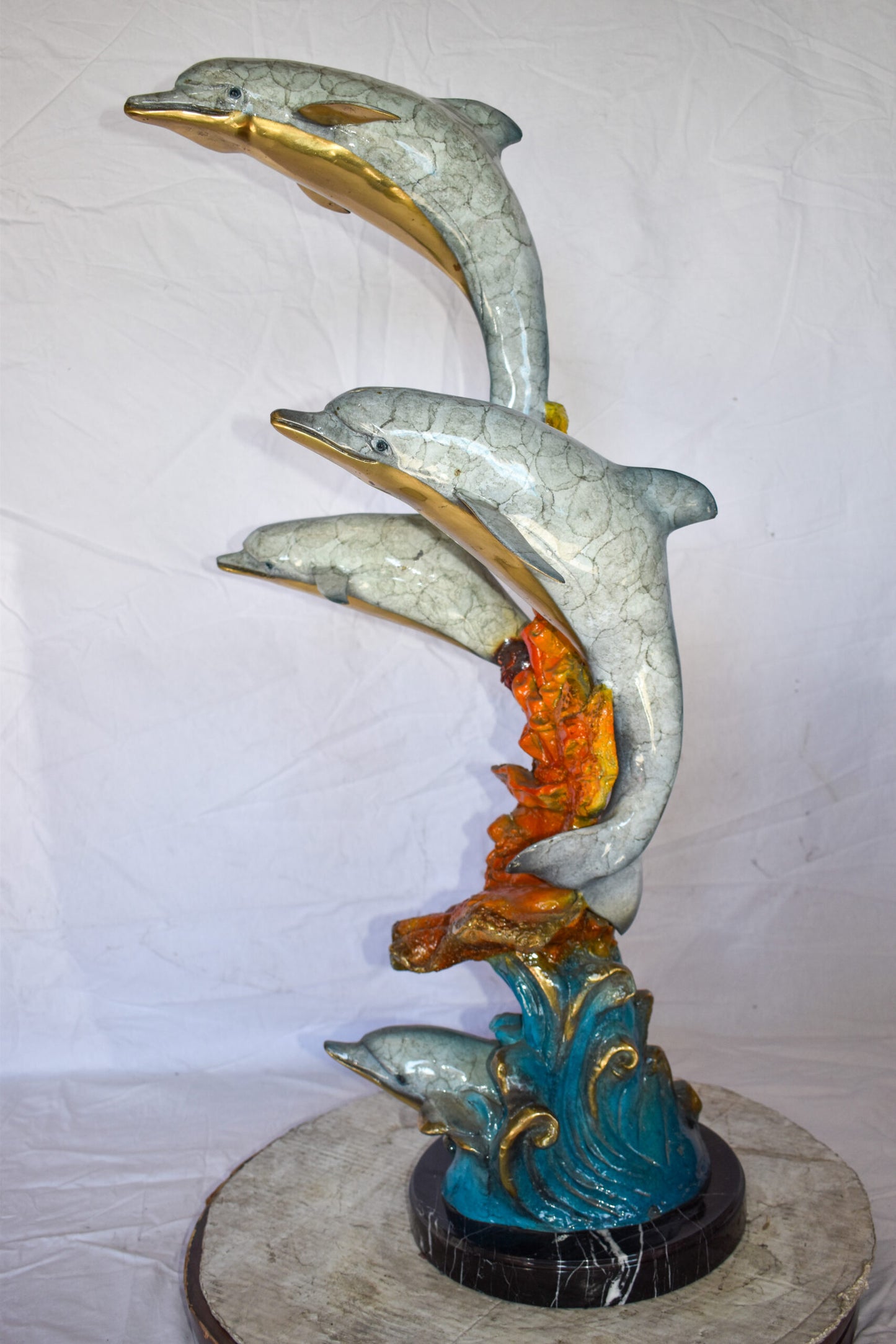 Four Dolphins Swimming in Ocean Colored Bronze Statue Size: 18" x 14" x 41"H